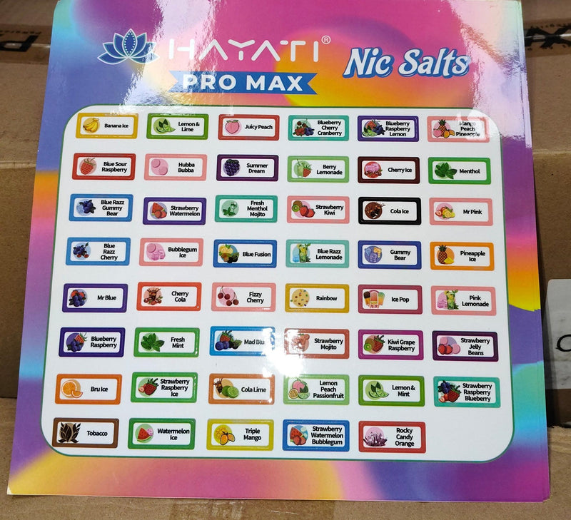 Colorful packaging of Bhayati Pro Max Nic Salts with various flavor labels.
