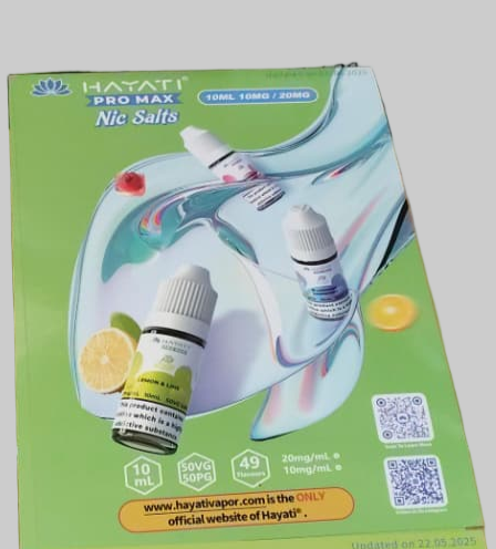 Hayati Promax NIC salts flavours double sided A4 leaflets