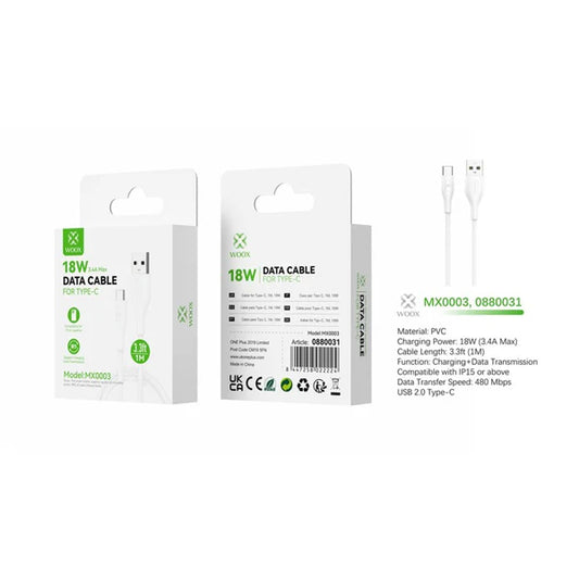Woox MX0003 USB to Type C PVC Data Cable,18W 3.4A Max, 3.3ft 1m,White