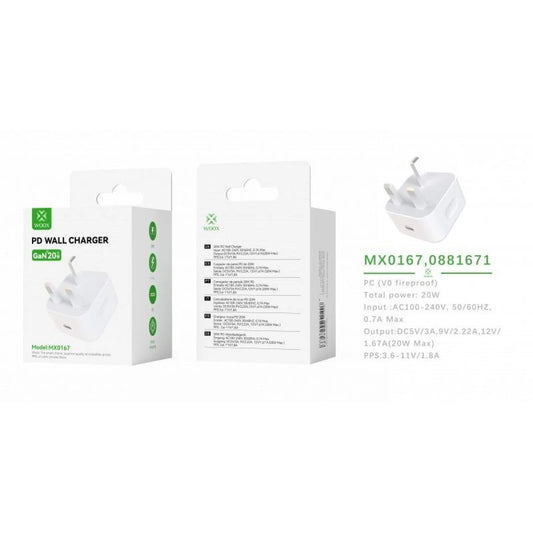Woox MX0167 UK Type-C 20W PD Wall Charger without Cable, 5V 3A,