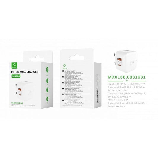 Woox MX0168 UK Type-C 20W PD & USB 3A QC Wall Charger without Cable,White