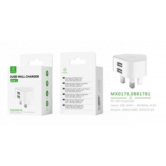 Woox MX0178 UK Dual USB 2.4A Wall Charger without cable, White