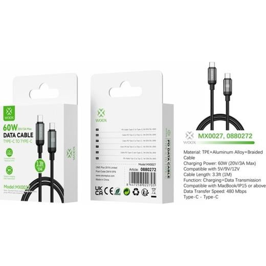 Woox MX0027 Type C toType C Braided Data Cable, 60W 20V/3A Max,3.3ft 1m, White