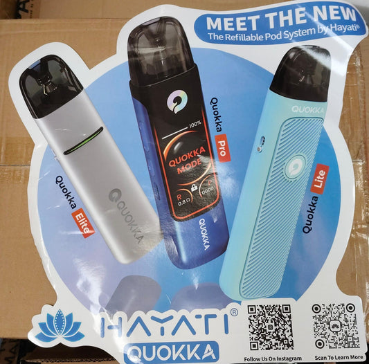Promotional display of Quokka vape devices with Hayati branding.

