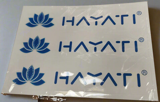 Sheet of Hayati stickers with blue lotus design on a white background