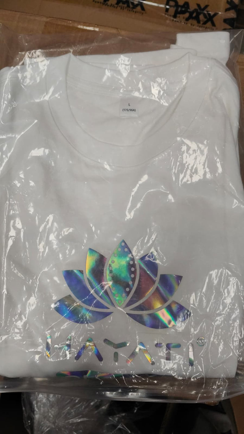 White t-shirt with a colorful logo on a clear plastic sheet

