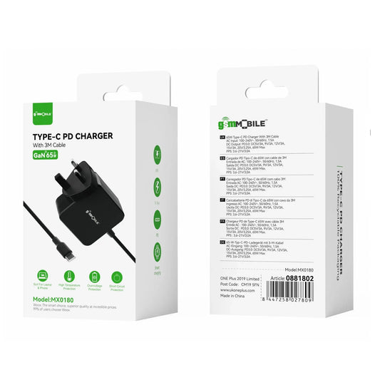 Woox MX0180 UK 65W Lap Top & Mobile Phone Super Charging Type-C PD Wall Charger with 3M connected ca