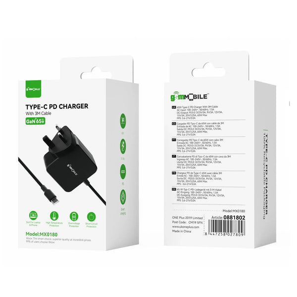 Woox MX0180 UK 65W Lap Top & Mobile Phone Super Charging Type-C PD Wall Charger with 3M connected cable, Black [SINGLE]